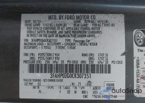 2012 Ford Fusion Sel from USA, damaged, VIN 3FAHP0JG0CR307351